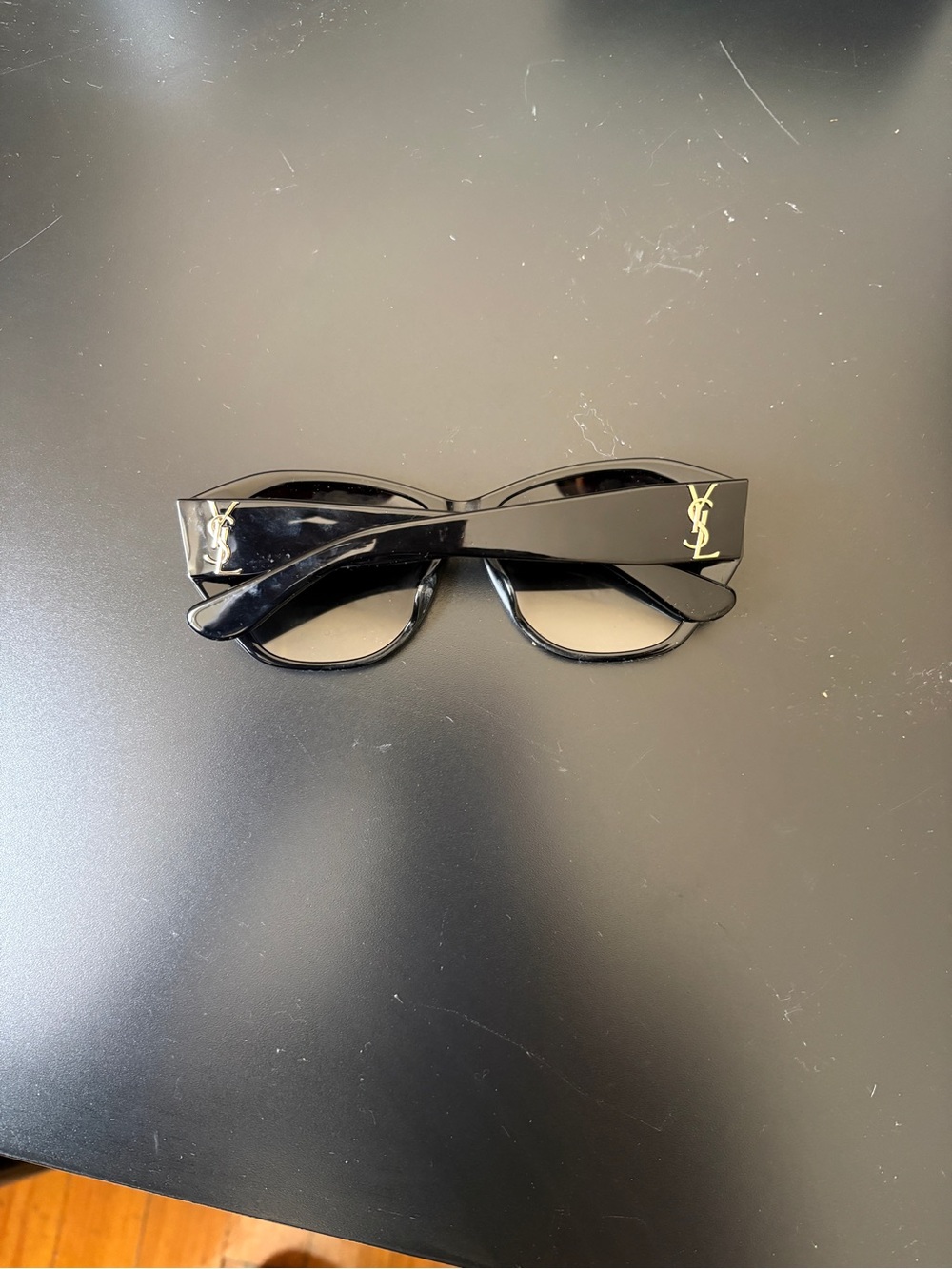 Yves Saint Laurent Black Gloss Cat-Eye Sunglasses with Gold YSL Logo